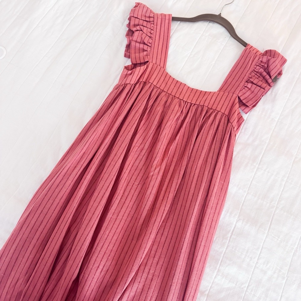 A New Day Linen Dress XS Red Orange Stripe Maxi Flutter Sleeve Bump Friendly - Picture 6 of 9